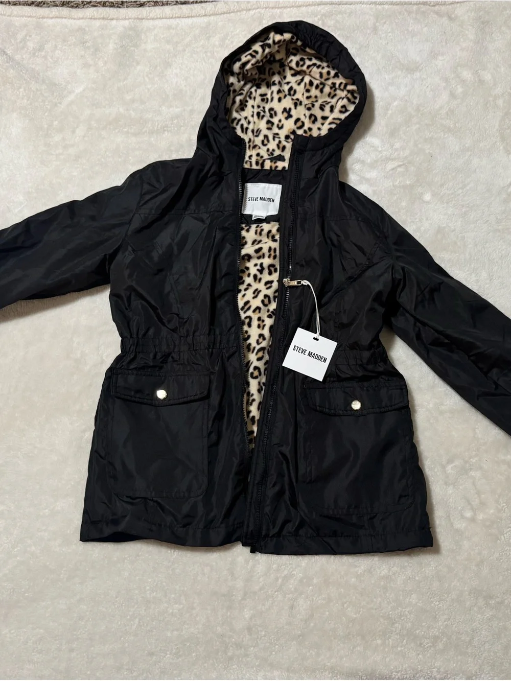 Steve Madden Black Hooded Jacket with Leopard Print Lining